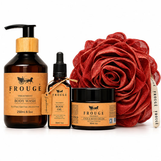FROUGE Full Body Ritual – Body Wash, Body Oil, Face & Body Cream and red rose loofah