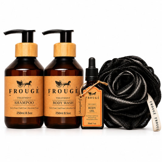 FROUGE Head-to-Toe – Shampoo, Body Wash, Body Oil and black rose loofah